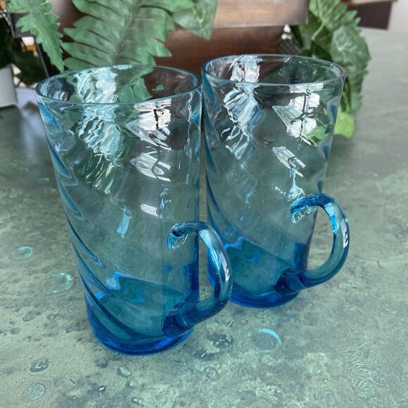 Vintage hand blown blue Irish coffee handled glasses unique swirl display flaws - Picture 10 of 10
